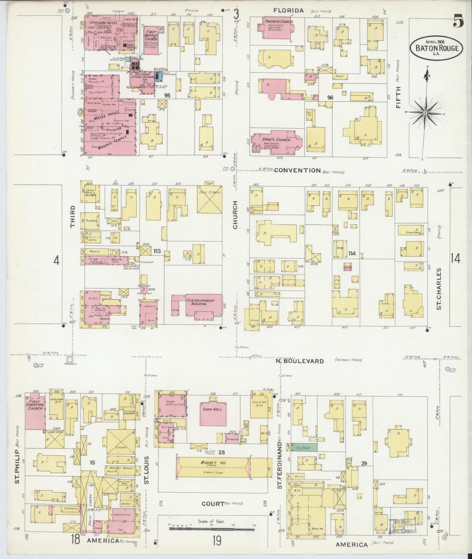 Sanborn Fire Insurance Map from Baton Rouge, East Baton Rouge Parish, Louisiana (1908), Sheet #0005 - Complete Map Set gallery image, historic Sanborn map, vintage wall art, Louisiana Louisiana