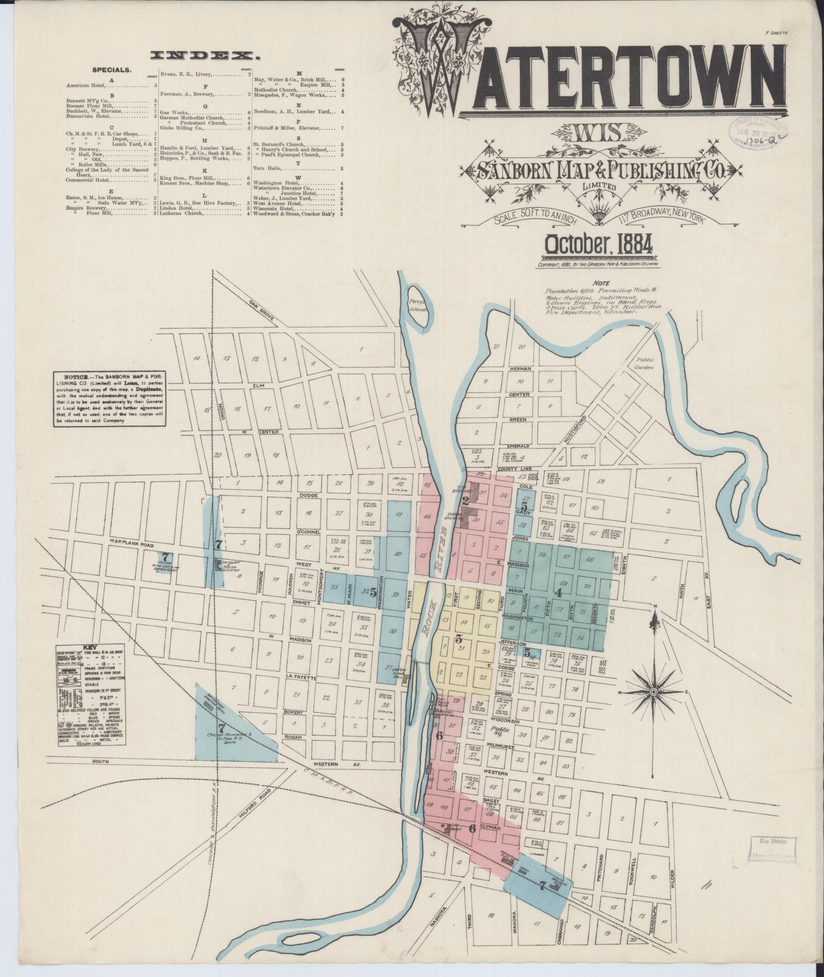Sanborn Fire Insurance Map from Watertown, Jefferson County, Wisconsin (1884), Sheet #0001 - Complete Map Set gallery image, historic Sanborn map, vintage wall art, Wisconsin Wisconsin