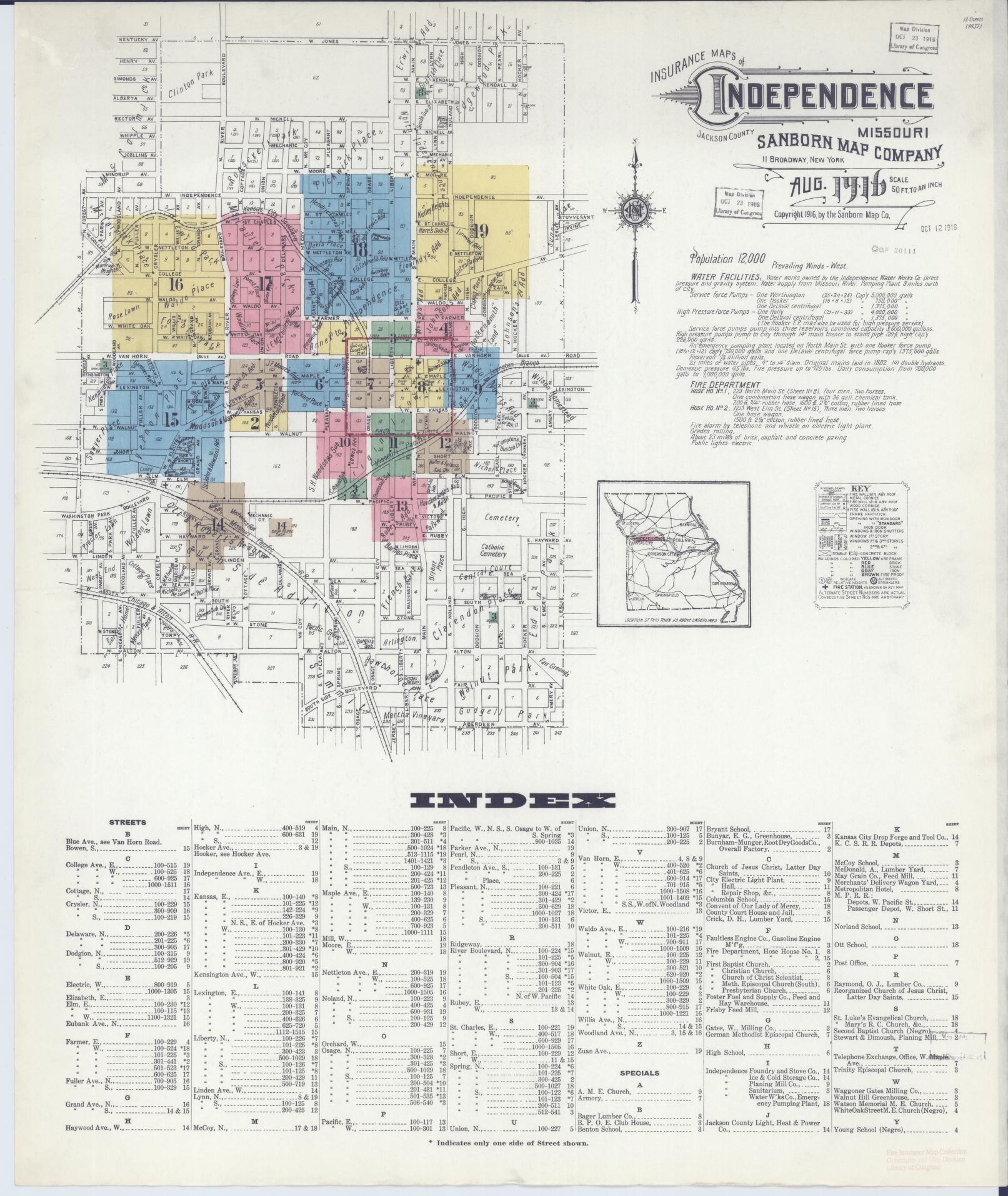 Sanborn Fire Insurance Map from Independence, Jackson County, Missouri (1916), Sheet #0001 - Complete Map Set gallery image, historic Sanborn map, vintage wall art, Missouri Missouri