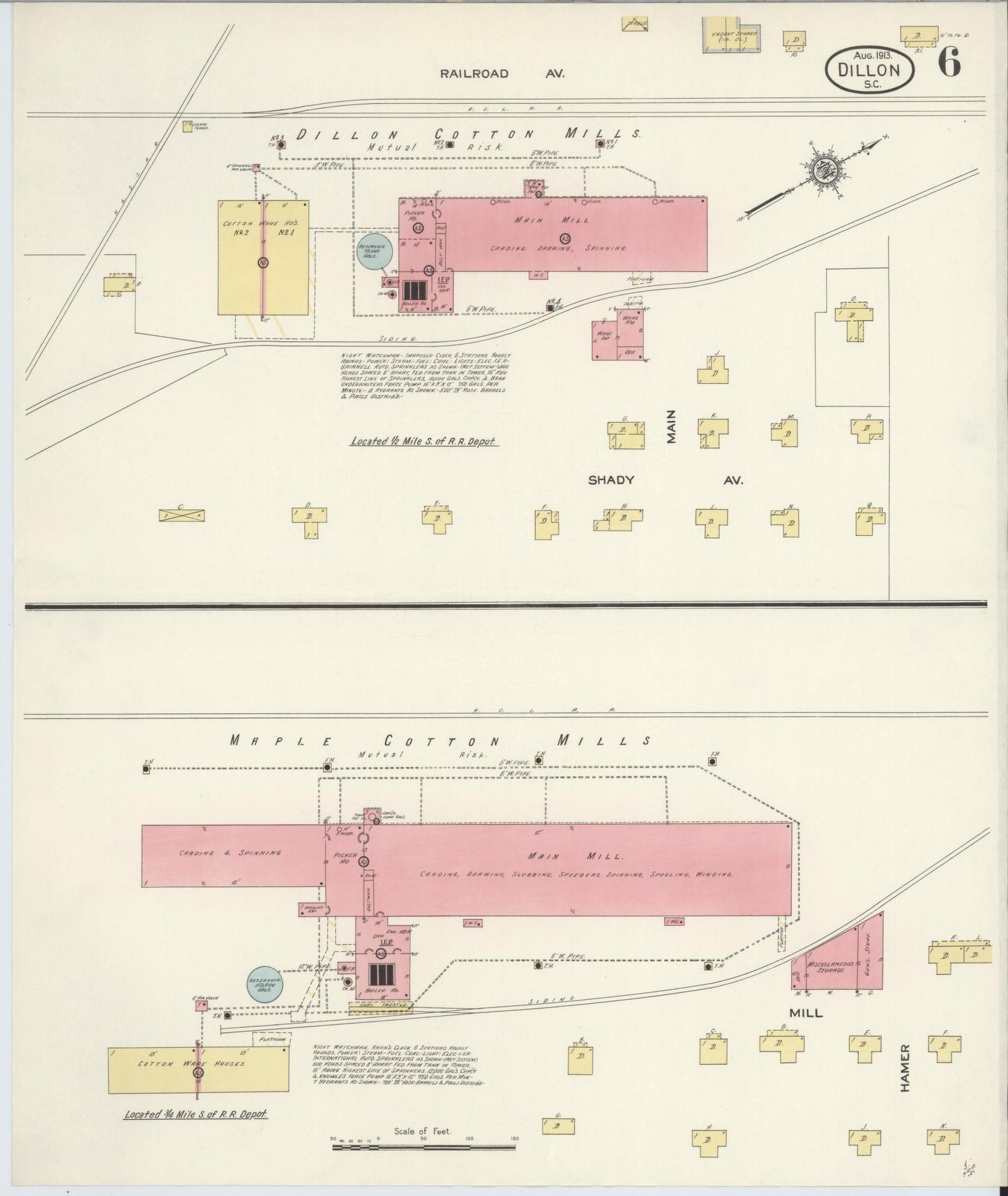Sanborn Fire Insurance Map from Dillon, Dillon County, South Carolina (1913), Sheet #0006 - Complete Map Set gallery image, historic Sanborn map, vintage wall art, South Carolina South Carolina