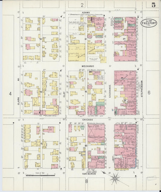 Sanborn Fire Insurance Map from Freeport, Stephenson County, Illinois (1897), Sheet #0005 - Historic Sanborn Fire Insurance Map Print, vintage old map wall art, antique decor, genealogy gift, Illinois Illinois map