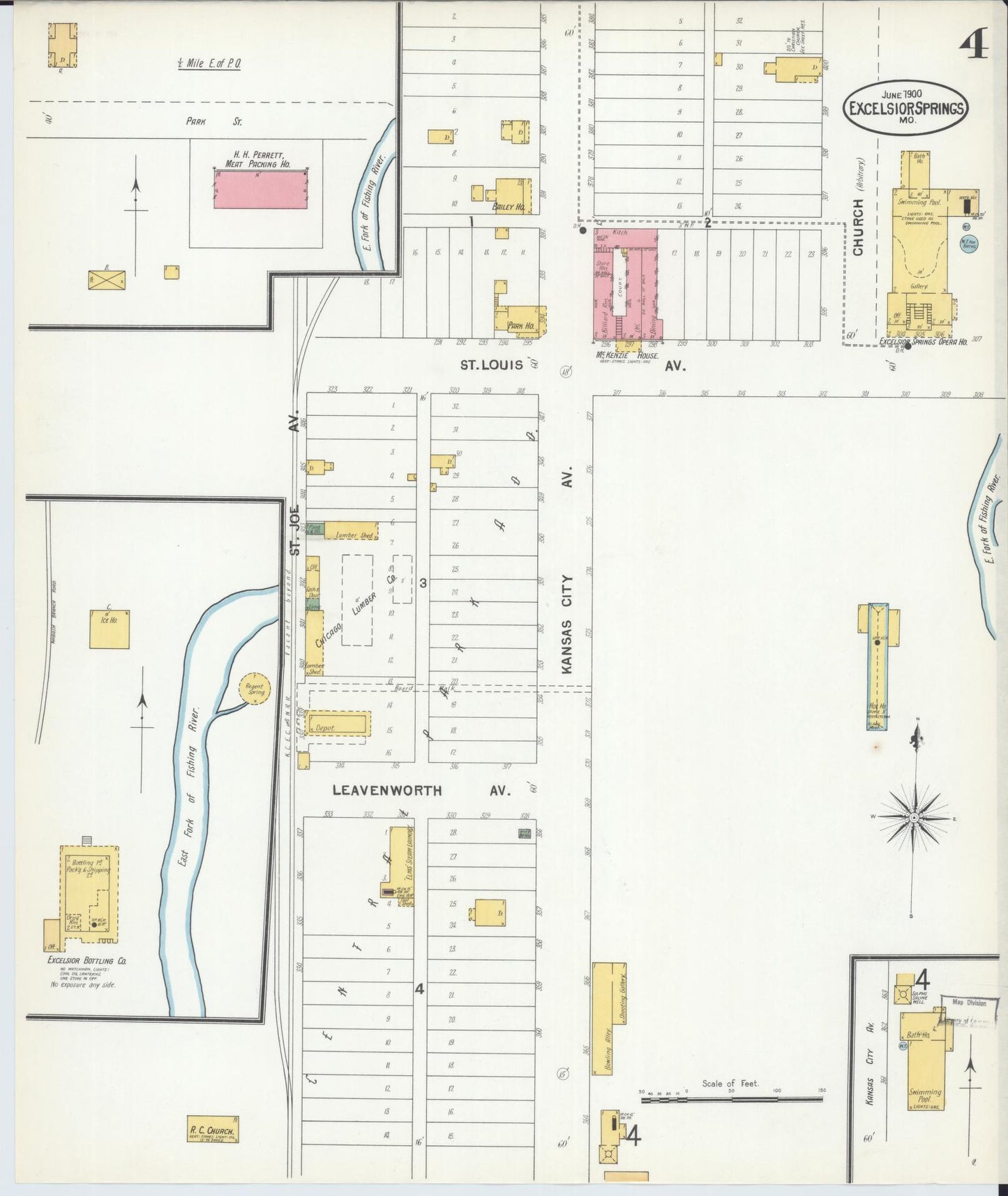 Sanborn Fire Insurance Map from Excelsior Springs, Clay County, Missouri (1900), Sheet #0004 - Historic Sanborn Fire Insurance Map Print, vintage old map wall art, antique decor, genealogy gift, Missouri Missouri map