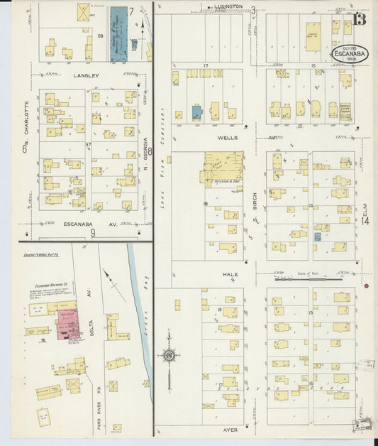 Sanborn Fire Insurance Map from Escanaba, Delta County, Michigan (1913), Sheet #0013 - Historic Sanborn Fire Insurance Map Print, vintage old map wall art, antique decor, genealogy gift, Michigan Michigan map