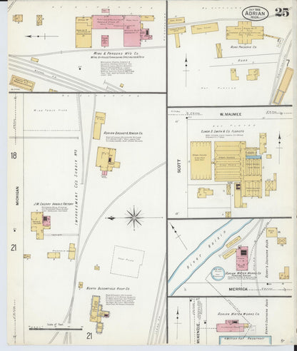Sanborn Fire Insurance Map from Adrian, Lenawee County, Michigan (1908), Sheet #0025 - Historic Sanborn Fire Insurance Map Print, vintage old map wall art, antique decor, genealogy gift, Michigan Michigan map