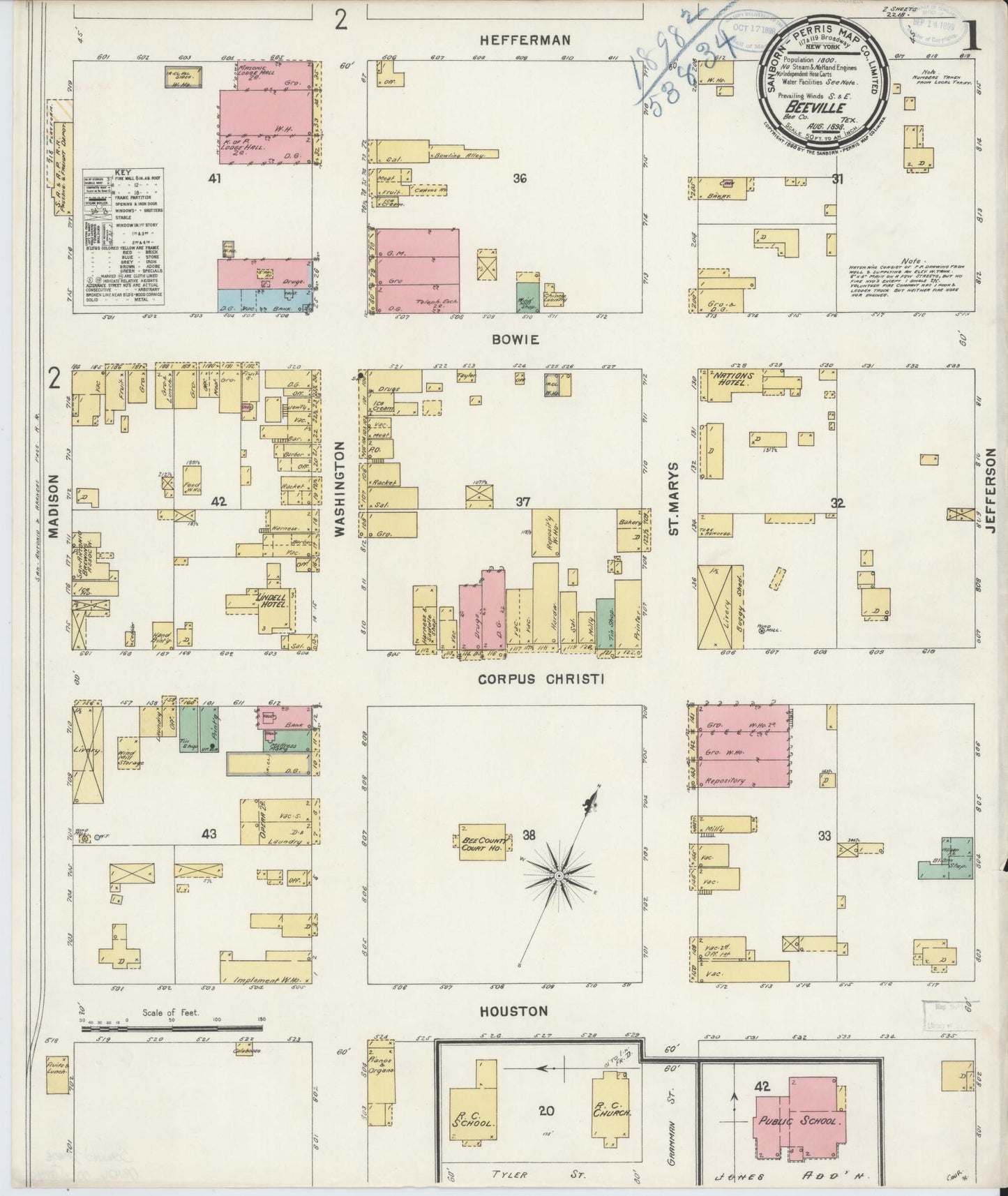 Sanborn Fire Insurance Map from Beeville, Bee County, Texas (1898), Sheet #0001 - Historic Sanborn Fire Insurance Map Print, vintage old map wall art, antique decor, genealogy gift, Texas Texas map