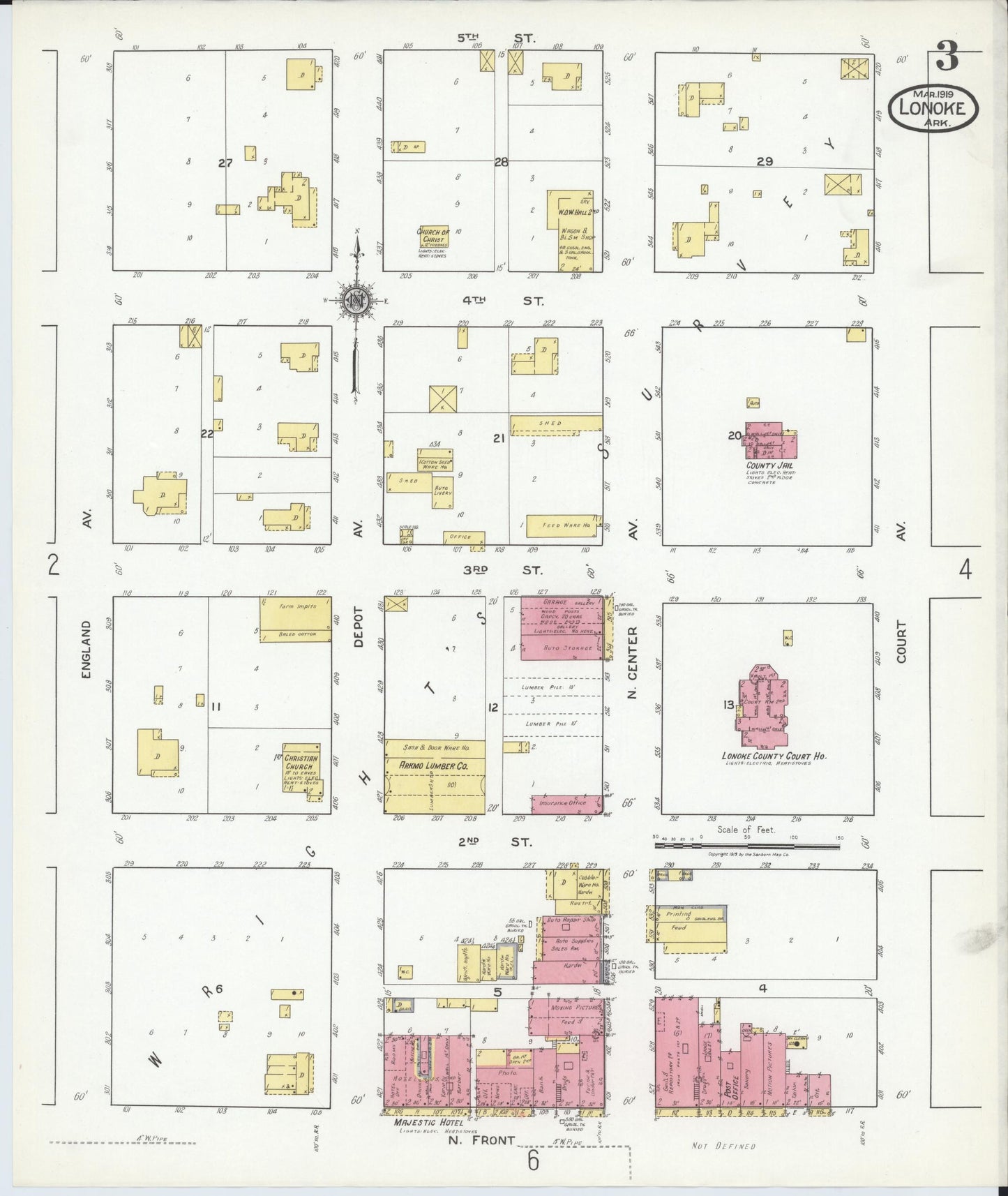 Sanborn Fire Insurance Map from Lonoke, Lonoke County, Arkansas (1919), Sheet #0003 - Historic Sanborn Fire Insurance Map Print, vintage old map wall art, antique decor, genealogy gift, Arkansas Arkansas map