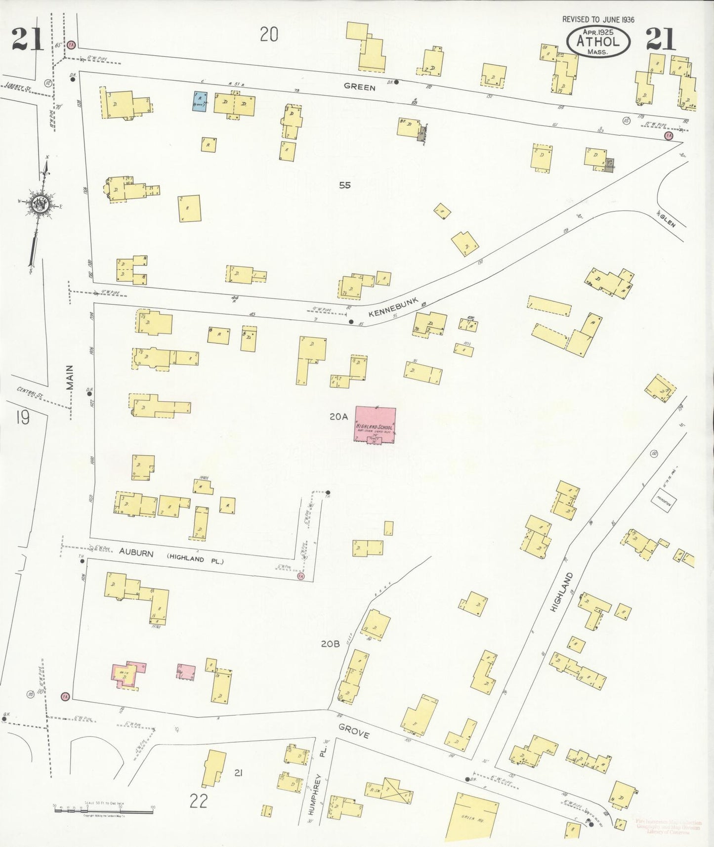 Sanborn Fire Insurance Map from Athol, Worcester County, Massachusetts (1936), Sheet #0021 - Complete Map Set gallery image, historic Sanborn map, vintage wall art, Massachusetts Massachusetts