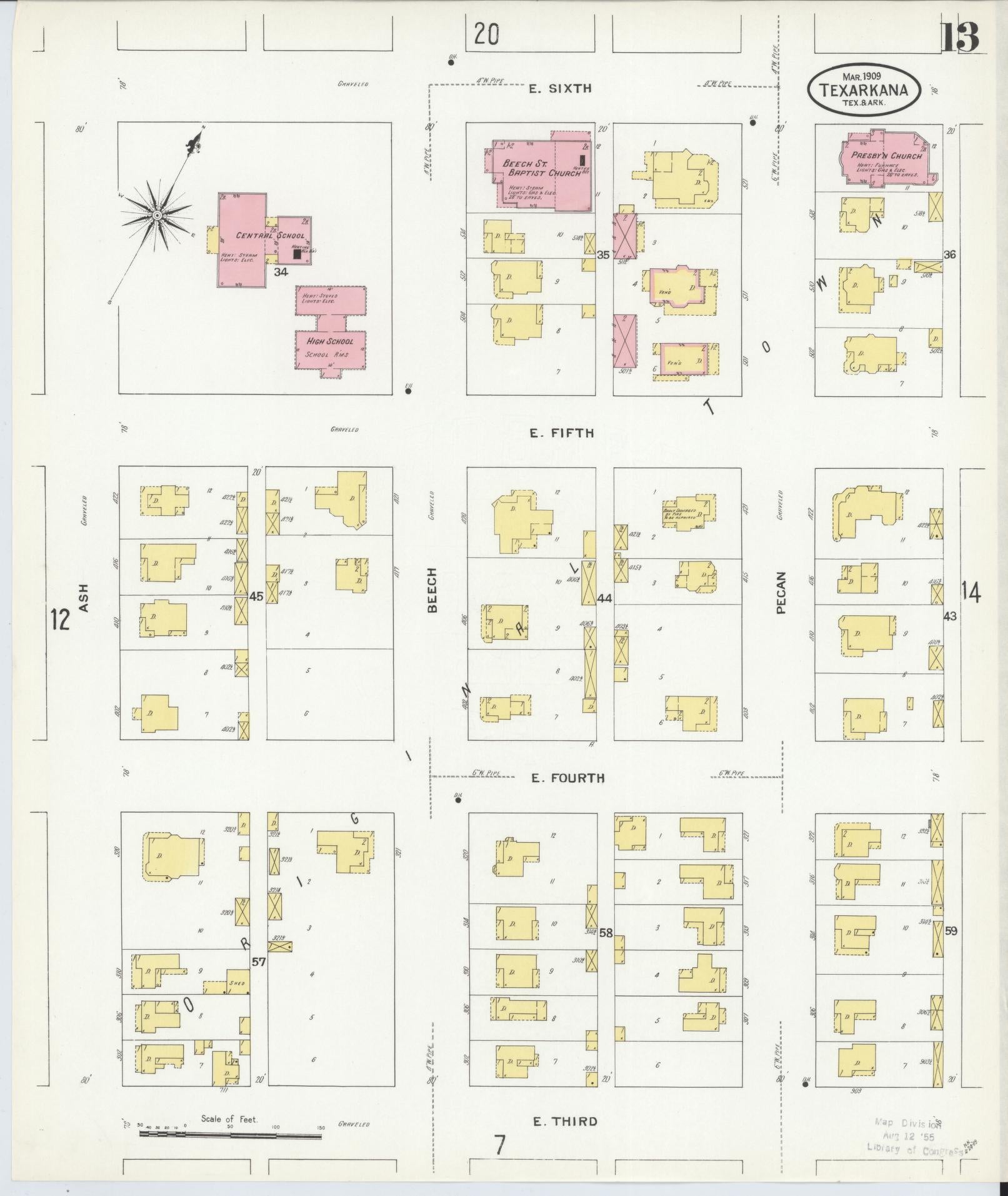 Sanborn Fire Insurance Map from Texarkana, Bowie County, Texas (1909), Sheet #0013 - Complete Map Set gallery image, historic Sanborn map, vintage wall art, Texas Texas
