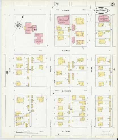Sanborn Fire Insurance Map from Texarkana, Bowie County, Texas (1909), Sheet #0013 - Complete Map Set gallery image, historic Sanborn map, vintage wall art, Texas Texas