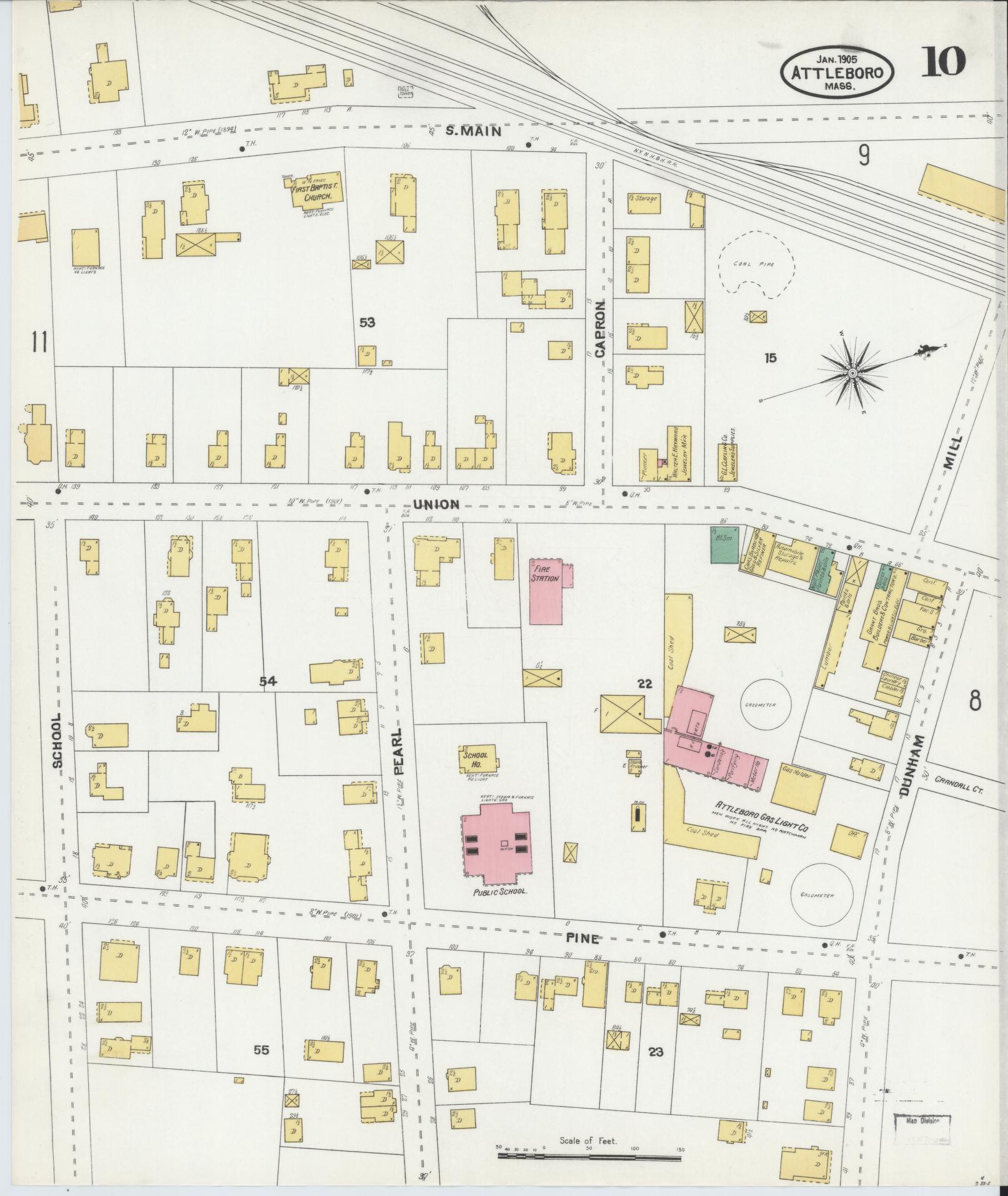 Sanborn Fire Insurance Map from Attleboro, Bristol County, Massachusetts (1905), Sheet #0010 - Historic Sanborn Fire Insurance Map Print, vintage old map wall art, antique decor, genealogy gift, Massachusetts Massachusetts map