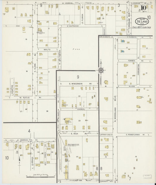 Sanborn Fire Insurance Map from De Land, Volusia County, Florida (1915), Sheet #0010 - Historic Sanborn Fire Insurance Map Print, vintage old map wall art, antique decor, genealogy gift, Florida Florida map