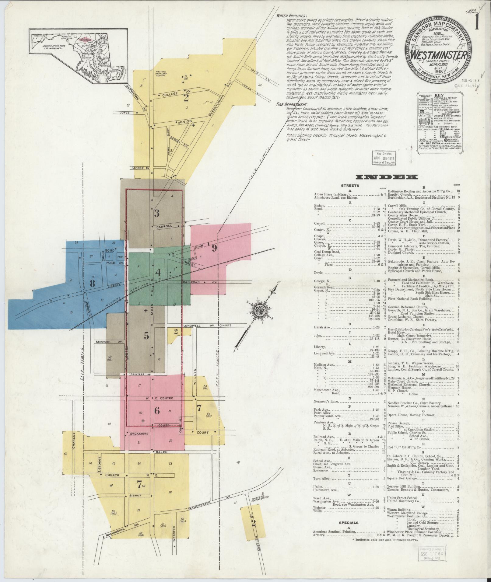 Carroll, Maryland - 1918 - Sanborn Fire Insurance Map, Sheet #0001 - Historic Sanborn Fire Insurance Map Print, Carroll Maryland 1918 0001 vintage old map wall art