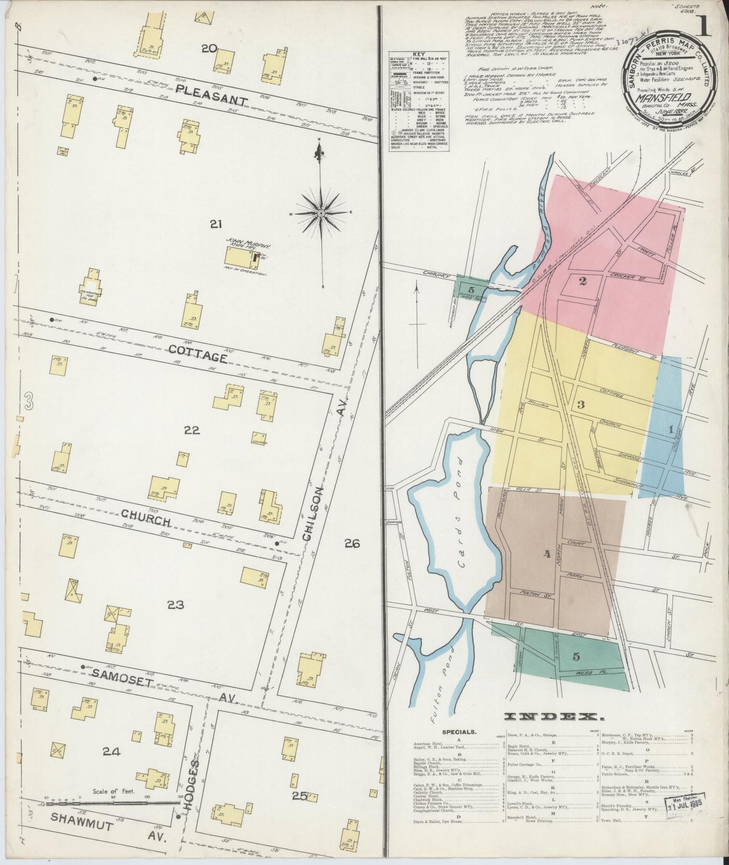 Sanborn Fire Insurance Map from Mansfield, Bristol County, Massachusetts (1892), Sheet #0001 - Historic Sanborn Fire Insurance Map Print, vintage old map wall art, antique decor, genealogy gift, Massachusetts Massachusetts map