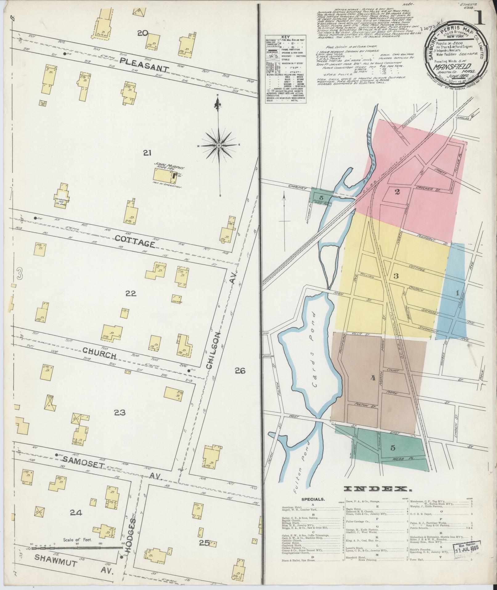 Sanborn Fire Insurance Map from Mansfield, Bristol County, Massachusetts (1892), Sheet #0001 - Historic Sanborn Fire Insurance Map Print, vintage old map wall art, antique decor, genealogy gift, Massachusetts Massachusetts map