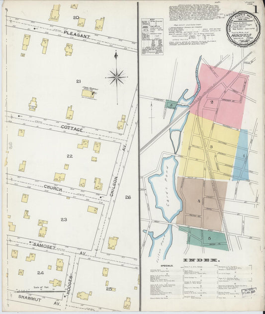 Sanborn Fire Insurance Map from Mansfield, Bristol County, Massachusetts (1892), Sheet #0001 - Historic Sanborn Fire Insurance Map Print, vintage old map wall art, antique decor, genealogy gift, Massachusetts Massachusetts map