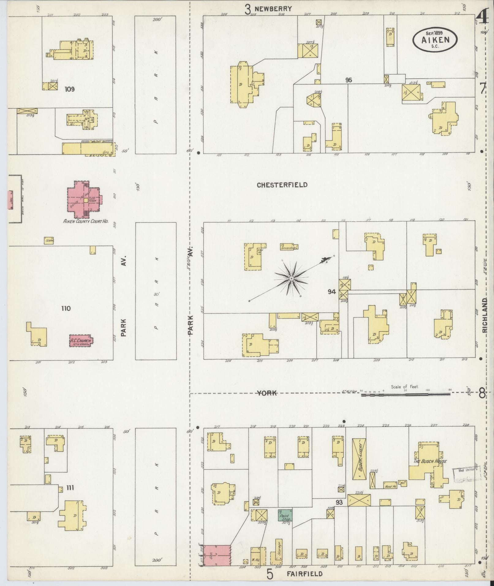 Sanborn Fire Insurance Map from Aiken, Aiken County, South Carolina (1899), Sheet #0004 - Complete Map Set gallery image, historic Sanborn map, vintage wall art, South Carolina South Carolina
