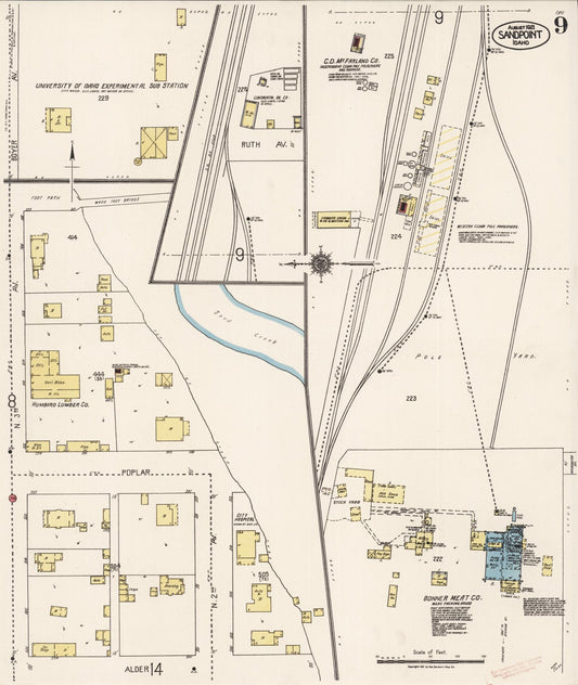 Sanborn Fire Insurance Map from Sandpoint, Bonner County, Idaho (1921), Sheet #0009 - Historic Sanborn Fire Insurance Map Print, vintage old map wall art, antique decor, genealogy gift, Idaho Idaho map