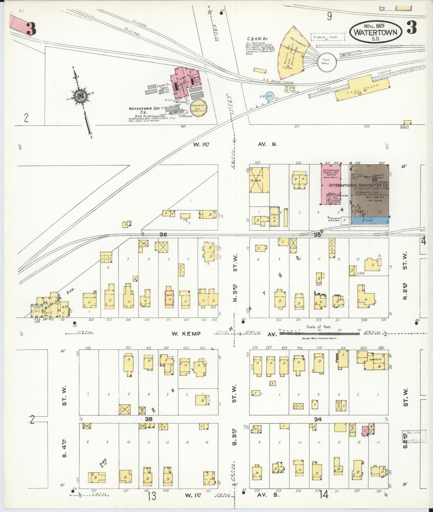 Sanborn Fire Insurance Map from Watertown, Codington County, South Dakota (1923), Sheet #0003 - Complete Map Set gallery image, historic Sanborn map, vintage wall art, South Dakota South Dakota