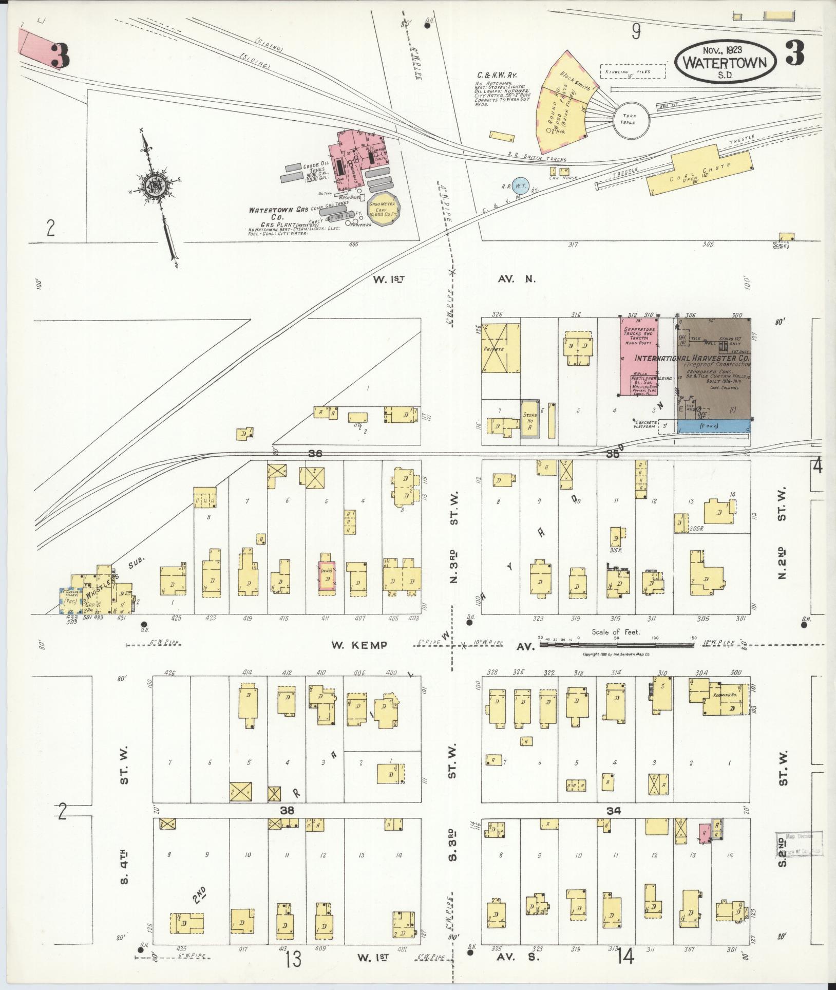 Sanborn Fire Insurance Map from Watertown, Codington County, South Dakota (1923), Sheet #0003 - Complete Map Set gallery image, historic Sanborn map, vintage wall art, South Dakota South Dakota