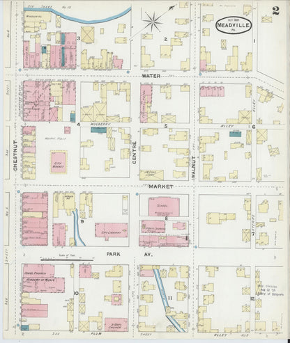 Sanborn Fire Insurance Map from Meadville, Crawford County, Pennsylvania (1891), Sheet #0002 - Historic Sanborn Fire Insurance Map Print, vintage old map wall art, antique decor, genealogy gift, Pennsylvania Pennsylvania map