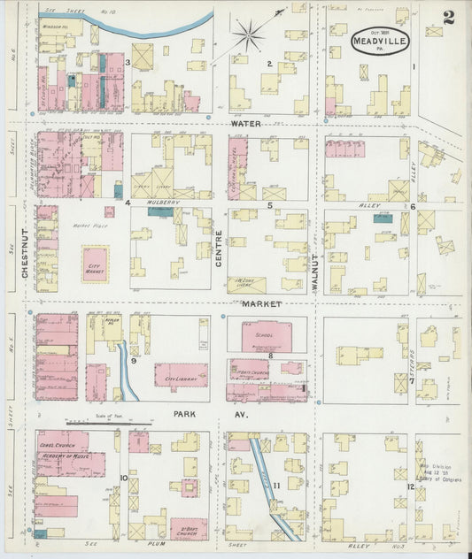 Sanborn Fire Insurance Map from Meadville, Crawford County, Pennsylvania (1891), Sheet #0002 - Historic Sanborn Fire Insurance Map Print, vintage old map wall art, antique decor, genealogy gift, Pennsylvania Pennsylvania map