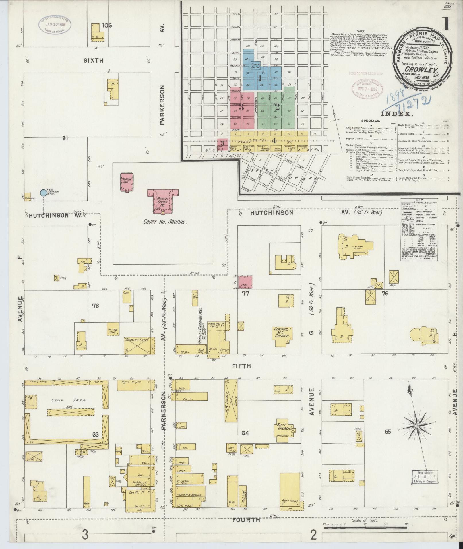Sanborn Fire Insurance Map from Crowley, Acadia Parish, Louisiana (1898), Sheet #0001 - Complete Map Set gallery image, historic Sanborn map, vintage wall art, Louisiana Louisiana