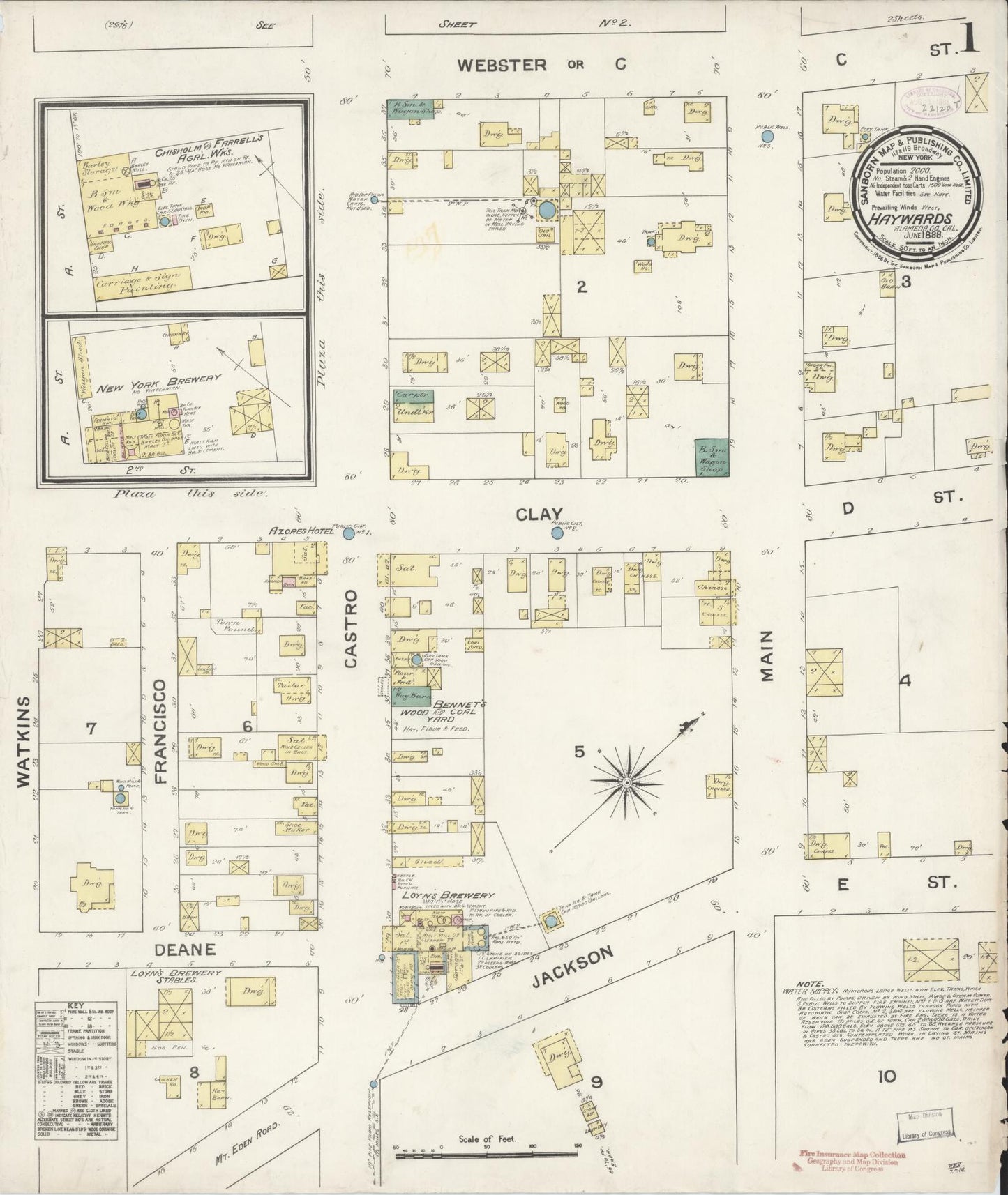 Sanborn Fire Insurance Map from Hayward, Alameda County, California (1888), Sheet #0001 - Complete Map Set gallery image, historic Sanborn map, vintage wall art, California California