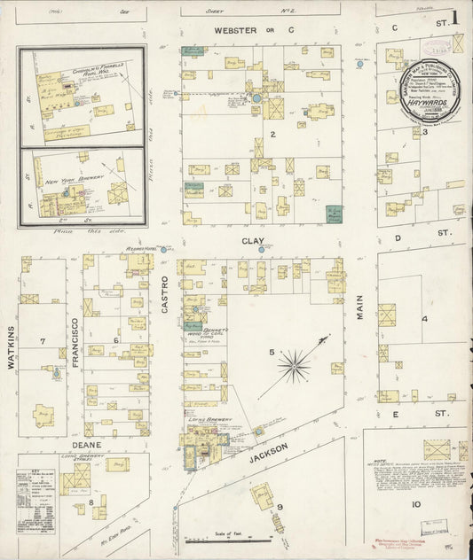 Sanborn Fire Insurance Map from Hayward, Alameda County, California (1888), Sheet #0001 - Complete Map Set gallery image, historic Sanborn map, vintage wall art, California California