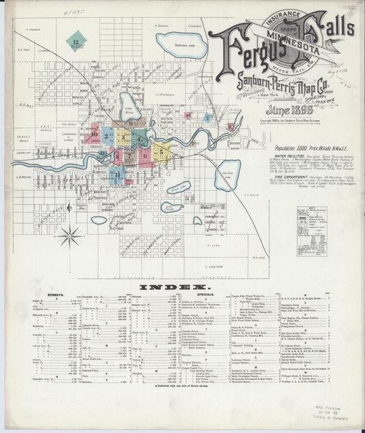 Sanborn Fire Insurance Map from Fergus Falls, Otter Tail County, Minnesota (1896), Sheet #0001 - Historic Sanborn Fire Insurance Map Print, vintage old map wall art, antique decor, genealogy gift, Minnesota Minnesota map