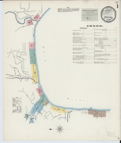 Sanborn Fire Insurance Map from Pomeroy, Meigs County, Ohio (1893), Sheet #0001 - Historic Sanborn Fire Insurance Map Print, vintage old map wall art, antique decor, genealogy gift, Ohio Ohio map
