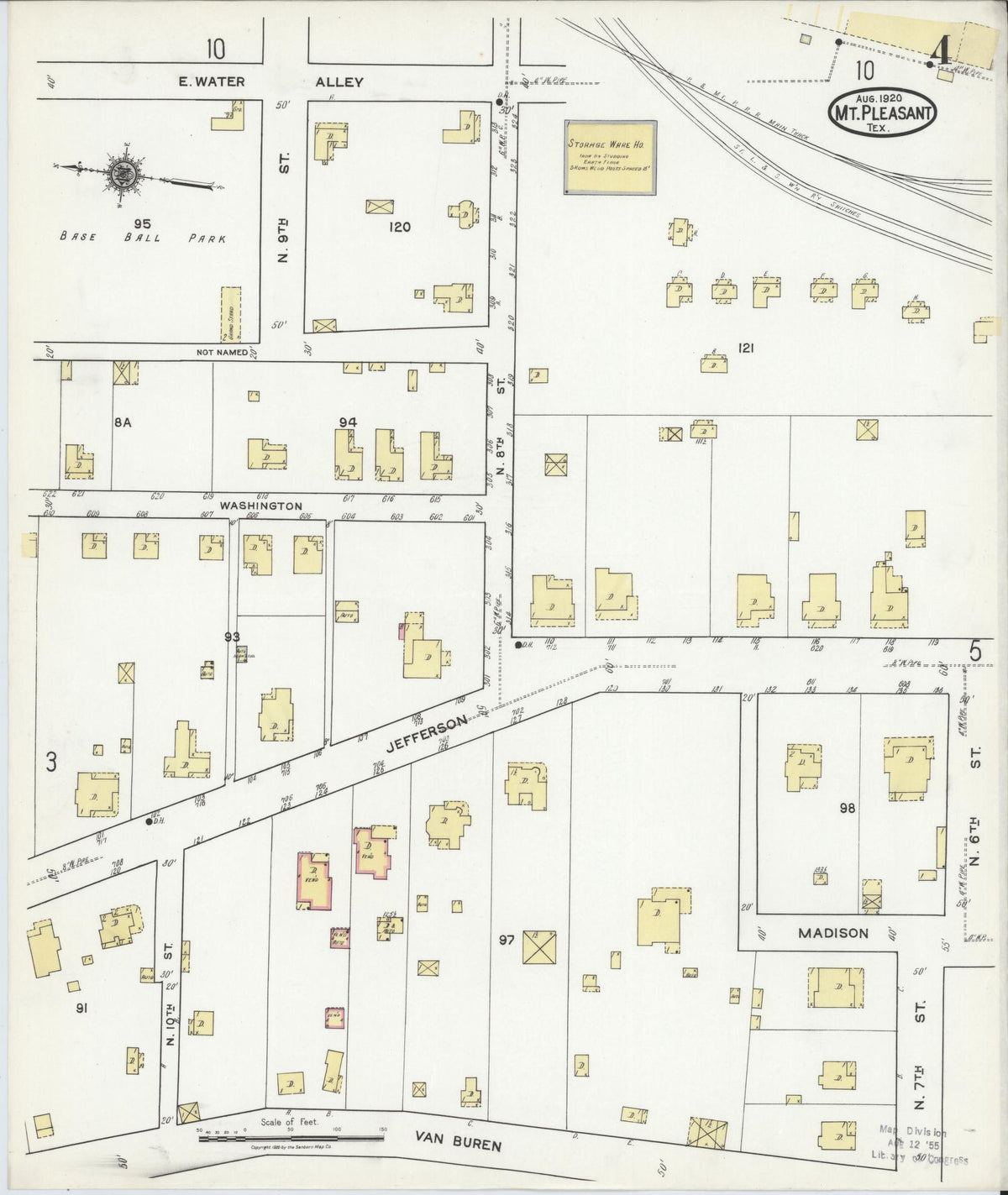 Sanborn Fire Insurance Map from Mount Pleasant, Titus County, Texas (1920), Sheet #0004 - Complete Map Set gallery image, historic Sanborn map, vintage wall art, Texas Texas