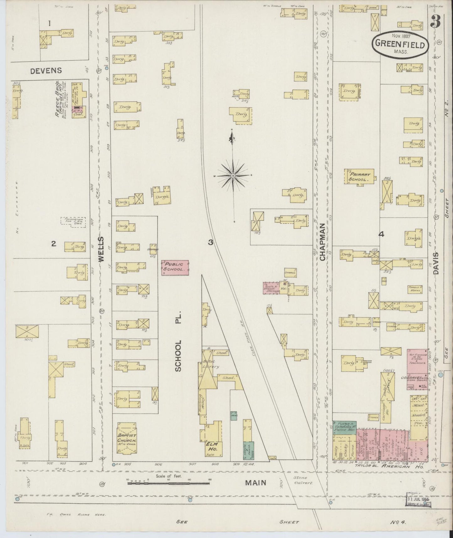 Sanborn Fire Insurance Map from Greenfield, Franklin County, Massachusetts (1887), Sheet #0003 - Complete Map Set gallery image, historic Sanborn map, vintage wall art, Massachusetts Massachusetts