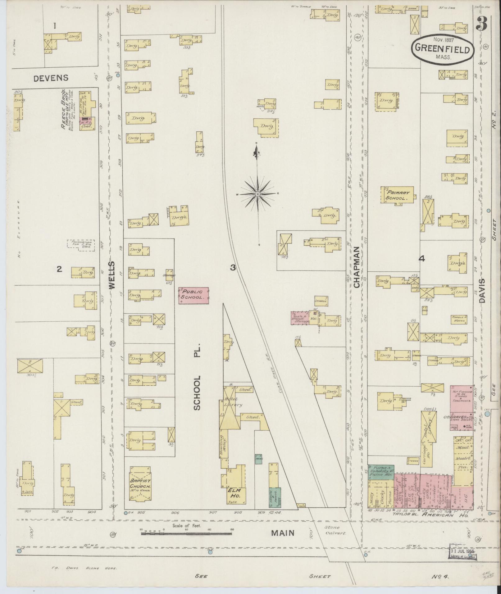 Sanborn Fire Insurance Map from Greenfield, Franklin County, Massachusetts (1887), Sheet #0003 - Complete Map Set gallery image, historic Sanborn map, vintage wall art, Massachusetts Massachusetts