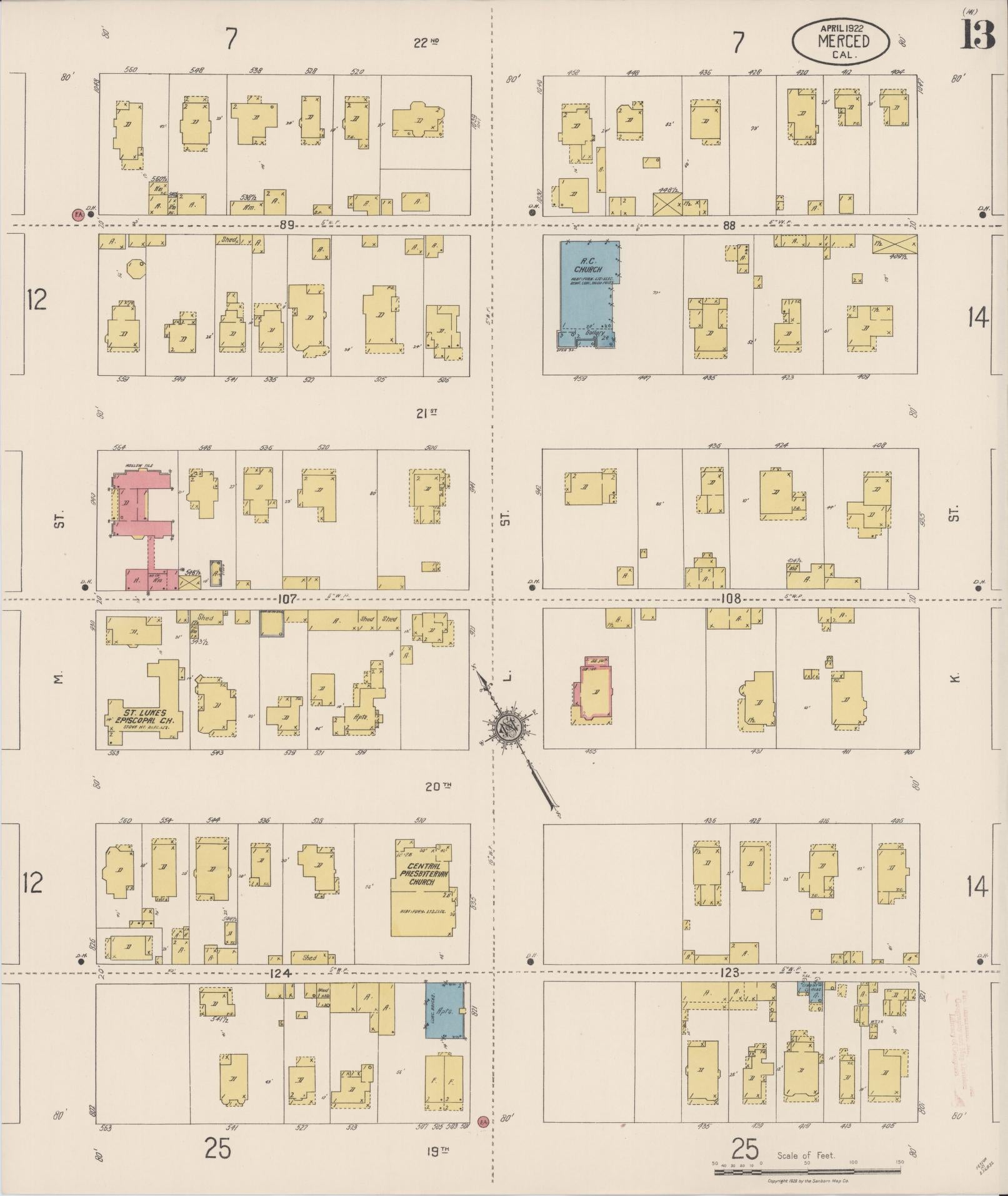 Sanborn Fire Insurance Map from Merced, Merced County, California (1922), Sheet #0013 - Historic Sanborn Fire Insurance Map Print, vintage old map wall art, antique decor, genealogy gift, California California map
