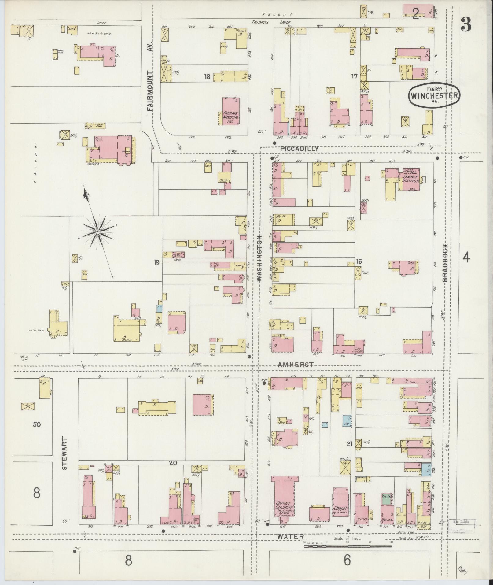 Sanborn Fire Insurance Map from Winchester, Independent Cities, Virginia (1897), Sheet #0003 - Complete Map Set gallery image, historic Sanborn map, vintage wall art, Virginia Virginia
