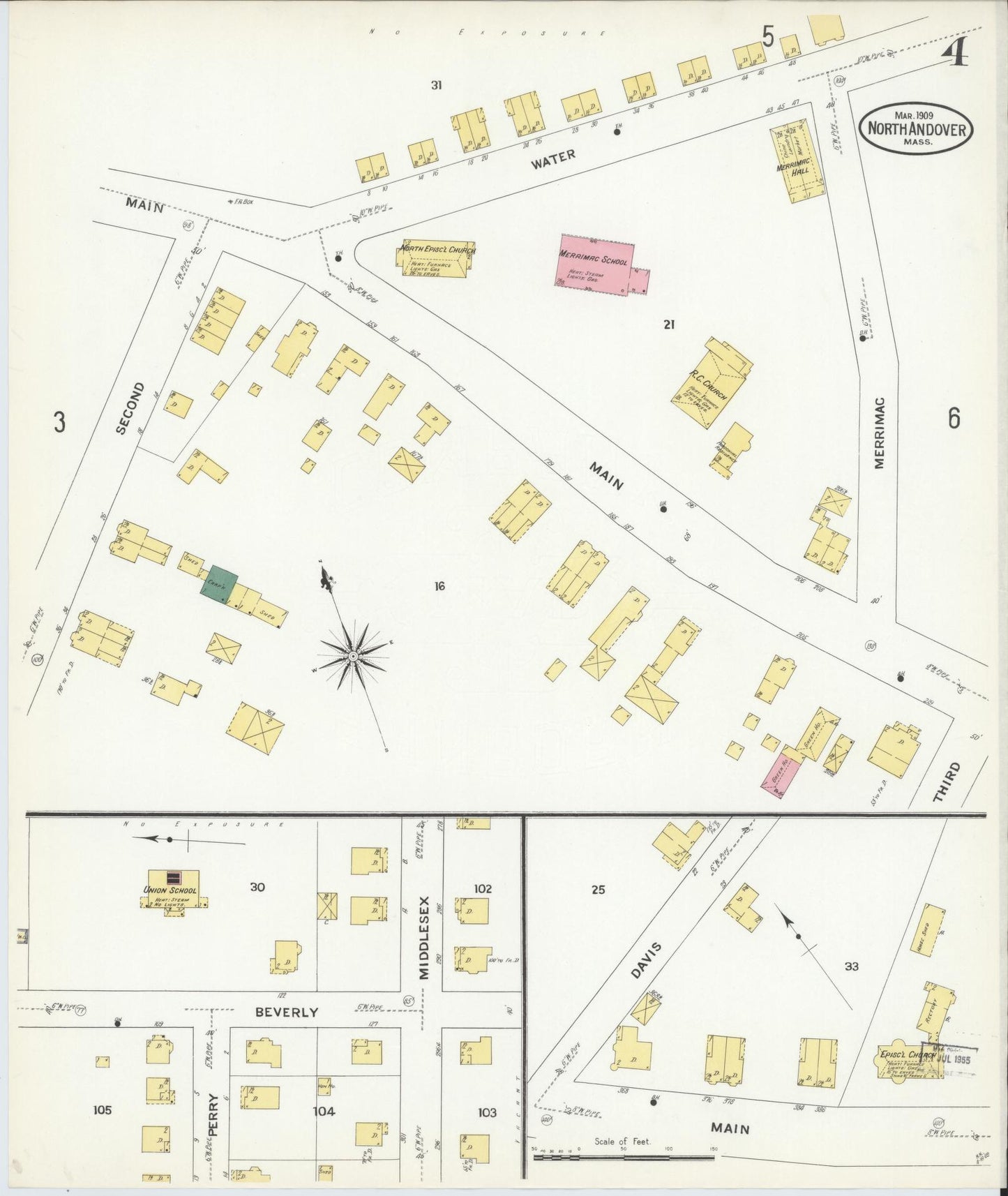 Sanborn Fire Insurance Map from North Andover, Essex County, Massachusetts (1909), Sheet #0004 - Historic Sanborn Fire Insurance Map Print, vintage old map wall art, antique decor, genealogy gift, Massachusetts Massachusetts map