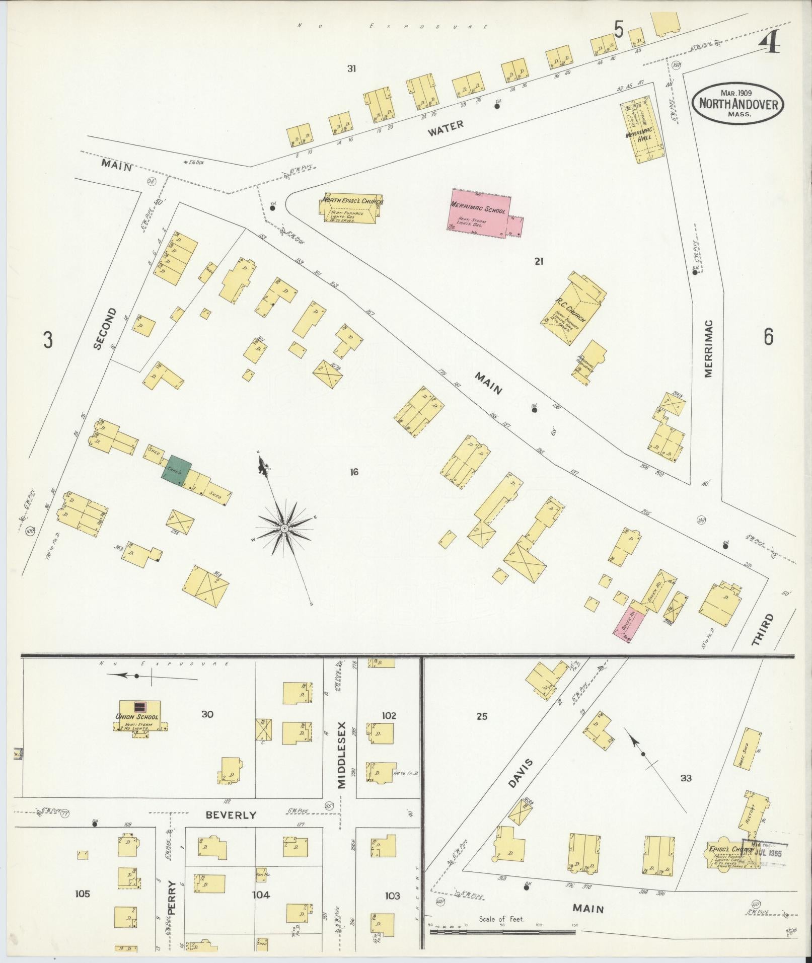 Sanborn Fire Insurance Map from North Andover, Essex County, Massachusetts (1909), Sheet #0004 - Historic Sanborn Fire Insurance Map Print, vintage old map wall art, antique decor, genealogy gift, Massachusetts Massachusetts map