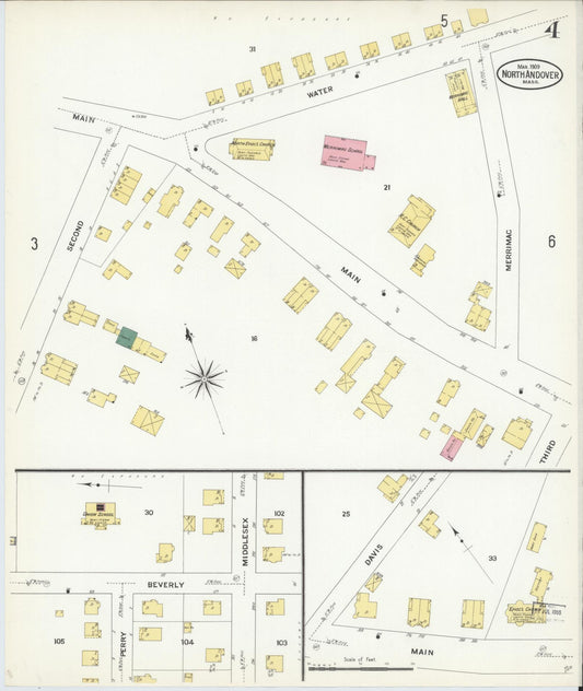 Sanborn Fire Insurance Map from North Andover, Essex County, Massachusetts (1909), Sheet #0004 - Historic Sanborn Fire Insurance Map Print, vintage old map wall art, antique decor, genealogy gift, Massachusetts Massachusetts map