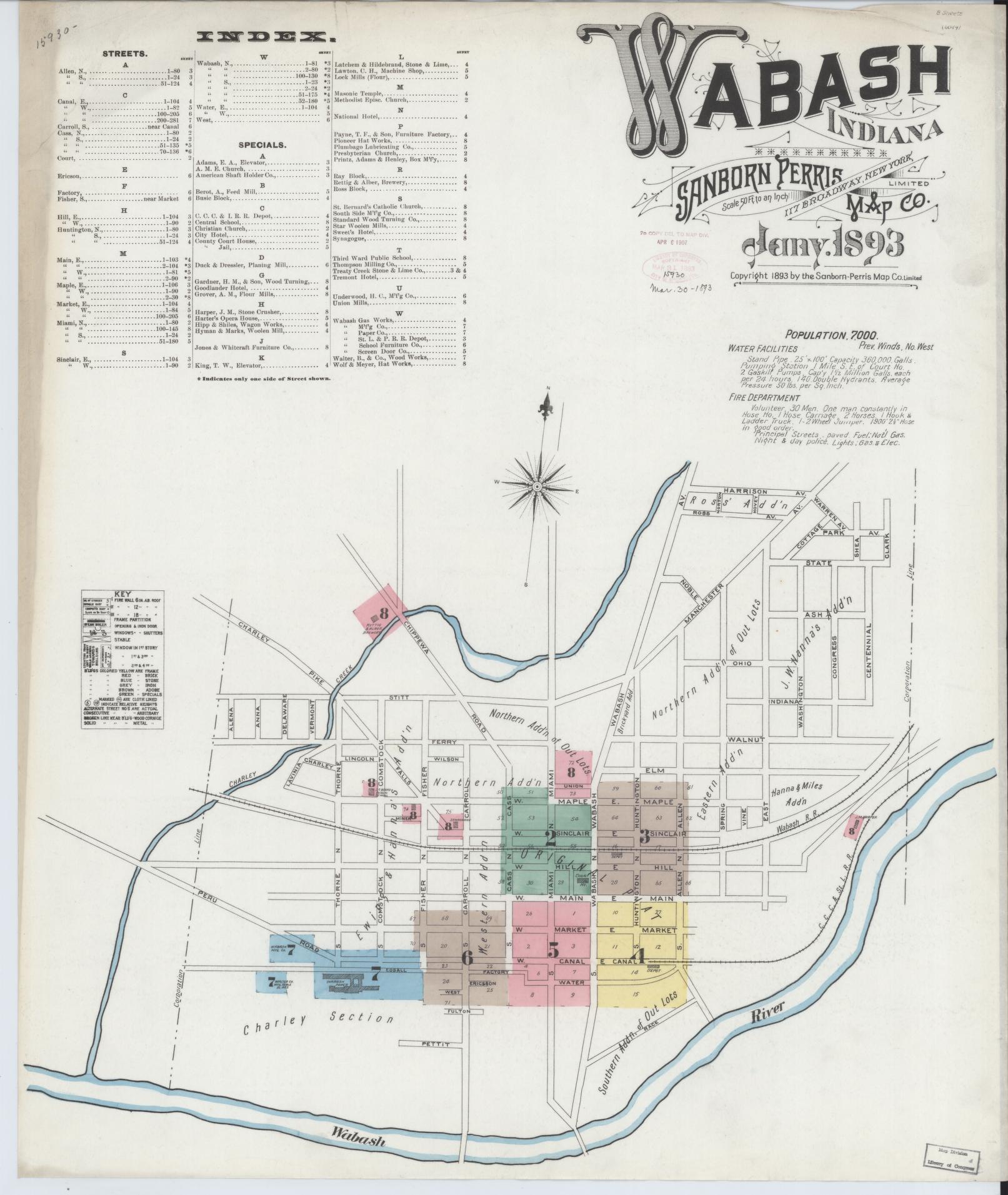 Sanborn Fire Insurance Map from Wabash, Wabash County, Indiana (1893), Sheet #0001 - Complete Map Set gallery image, historic Sanborn map, vintage wall art, Indiana Indiana