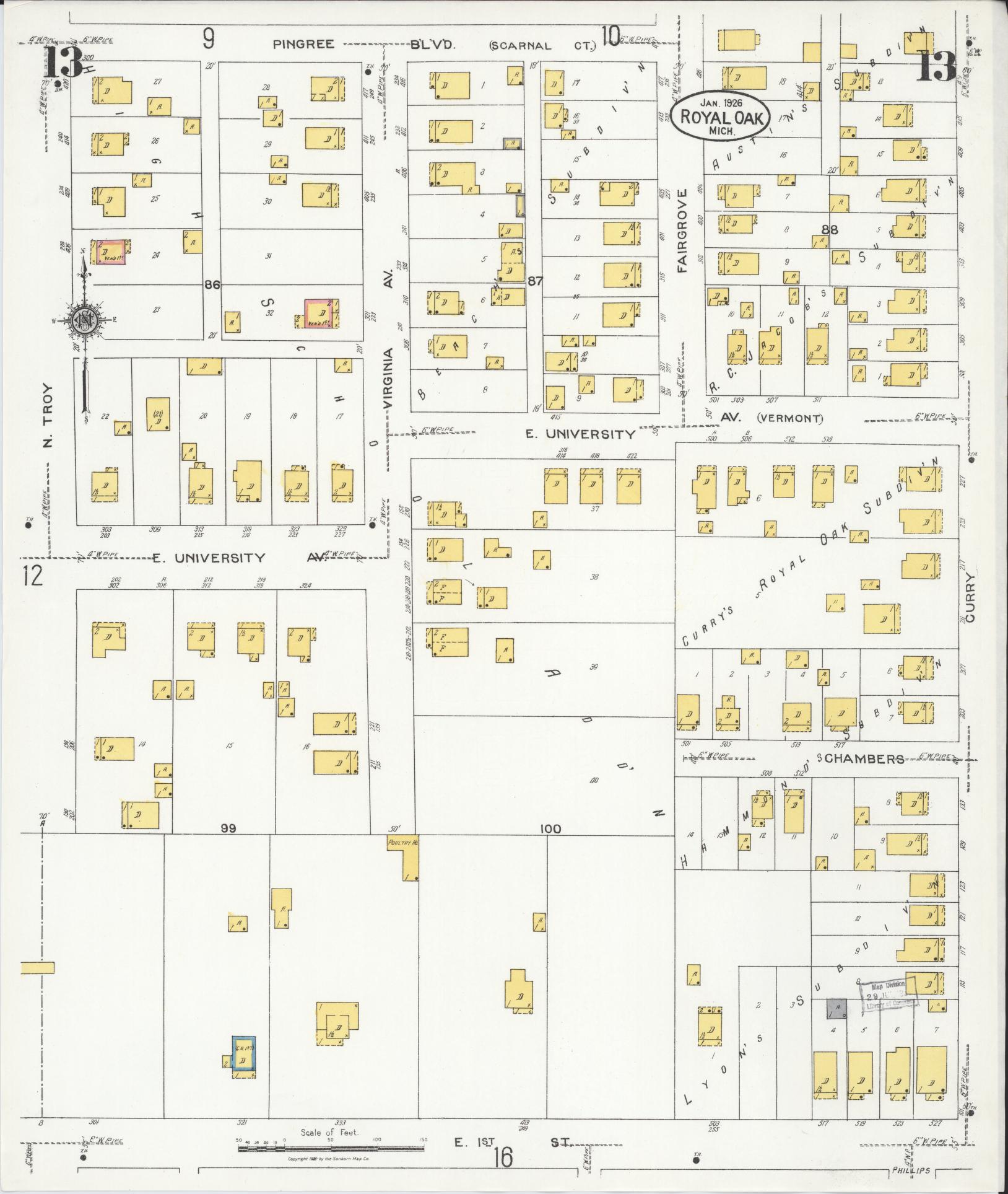 Sanborn Fire Insurance Map from Royal Oak, Oakland County, Michigan (1926), Sheet #0013 - Complete Map Set gallery image, historic Sanborn map, vintage wall art, Michigan Michigan