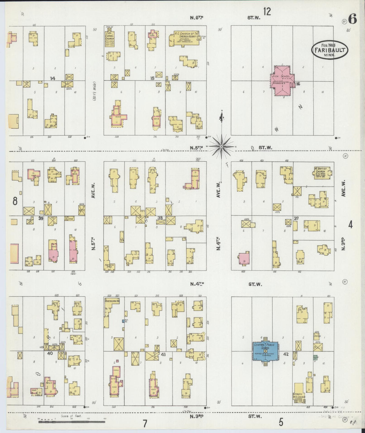 Sanborn Fire Insurance Map from Faribault, Rice County, Minnesota (1905), Sheet #0006 - Complete Map Set gallery image, historic Sanborn map, vintage wall art, Minnesota Minnesota
