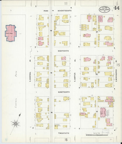 Sanborn Fire Insurance Map from Ashland, Boyd County, Kentucky (1907), Sheet #0014 - Complete Map Set gallery image, historic Sanborn map, vintage wall art, Kentucky Kentucky