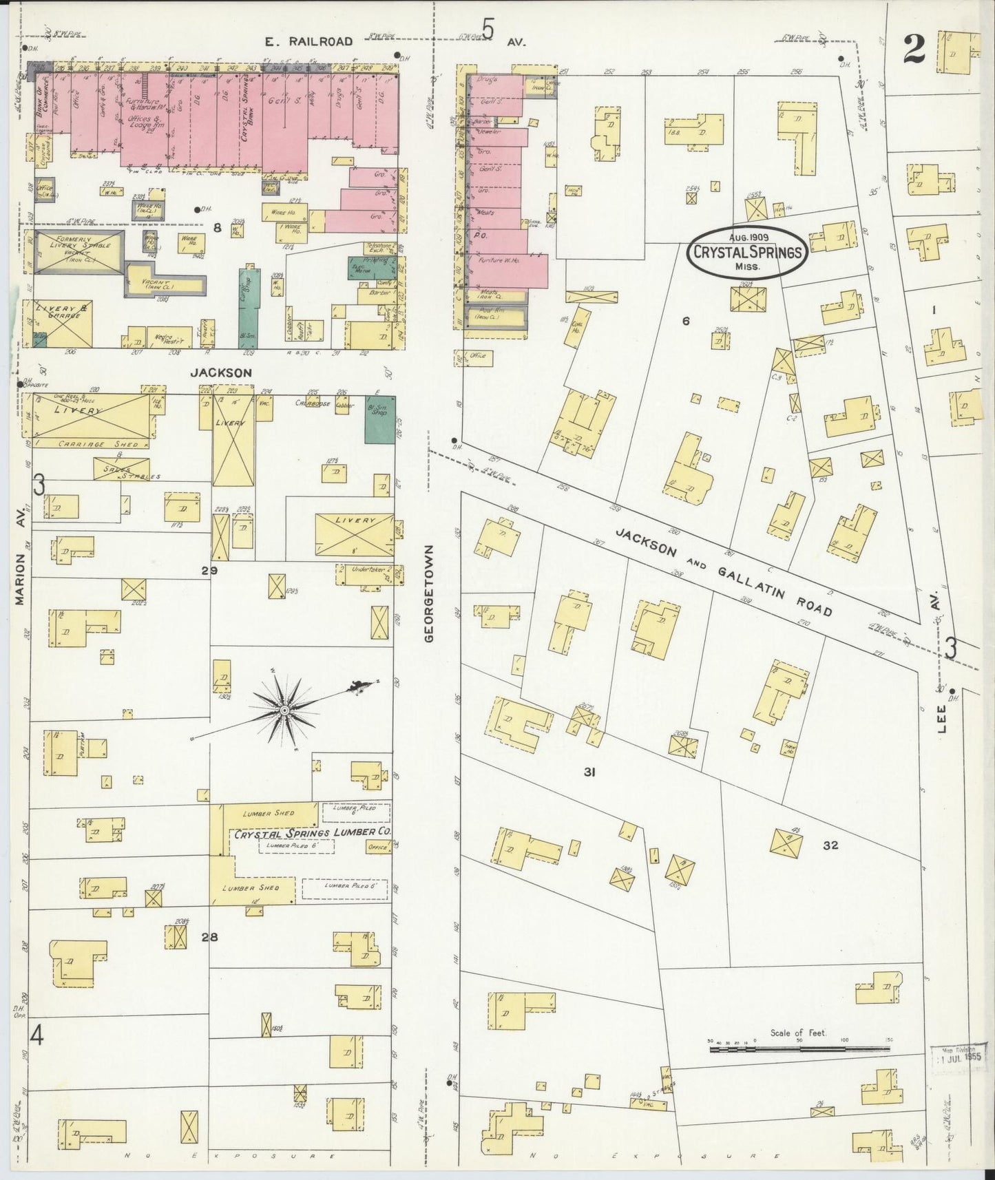 Sanborn Fire Insurance Map from Crystal Springs, Copiah County, Mississippi (1909), Sheet #0002 - Historic Sanborn Fire Insurance Map Print, vintage old map wall art, antique decor, genealogy gift, Mississippi Mississippi map