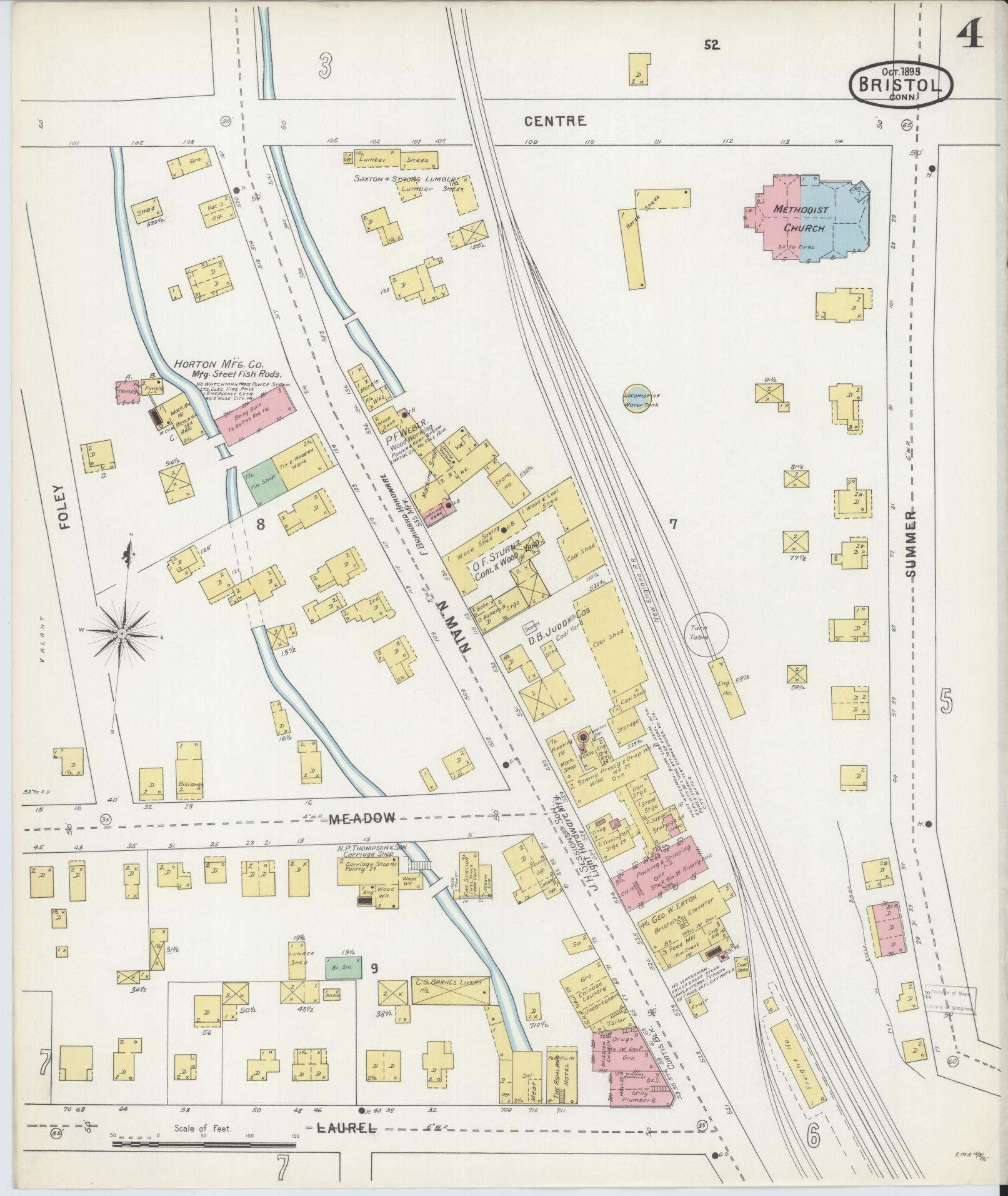 Sanborn Fire Insurance Map from Bristol, Hartford County, Connecticut (1895), Sheet #0004 - Historic Sanborn Fire Insurance Map Print, vintage old map wall art, antique decor, genealogy gift, Connecticut Connecticut map