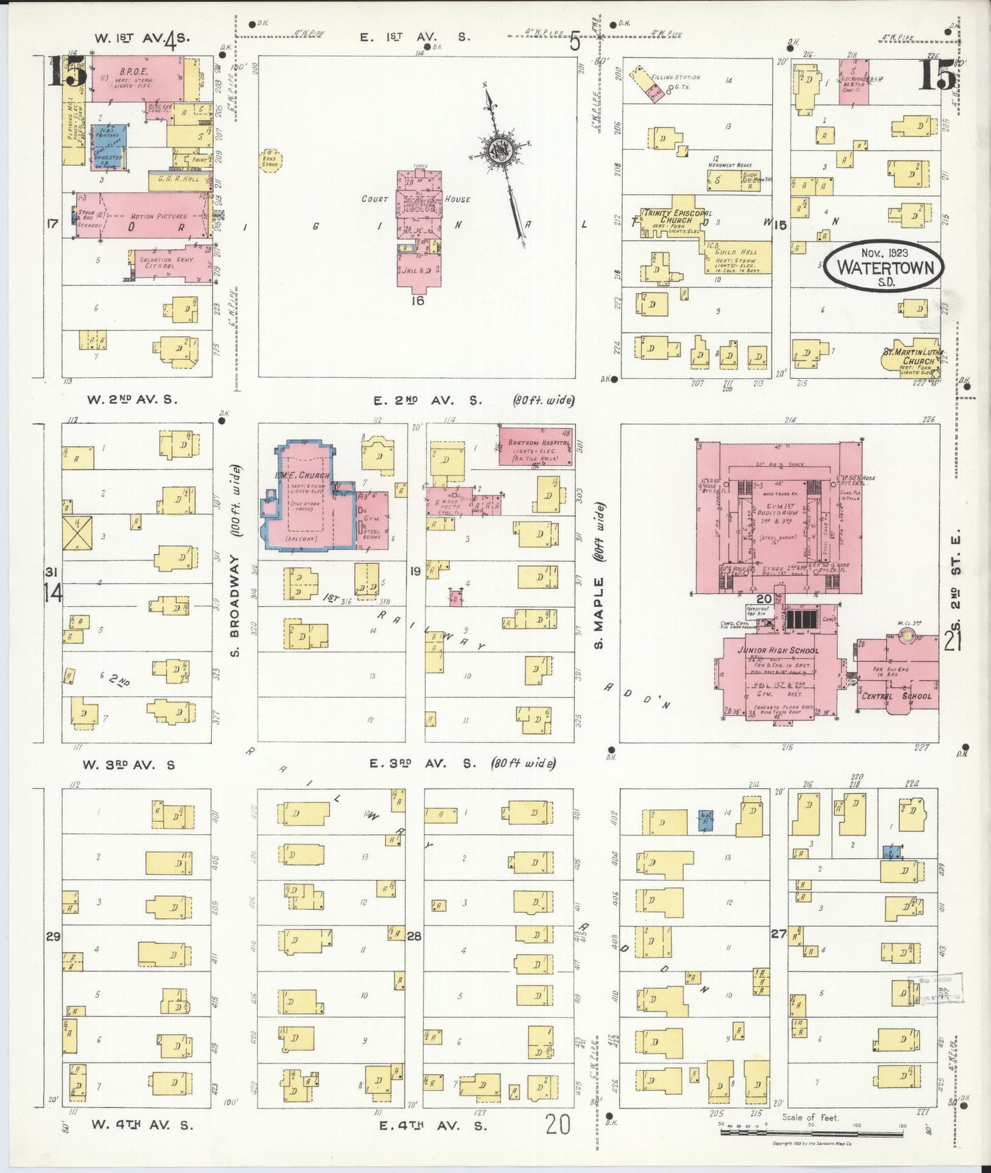 Sanborn Fire Insurance Map from Watertown, Codington County, South Dakota (1923), Sheet #0015 - Complete Map Set gallery image, historic Sanborn map, vintage wall art, South Dakota South Dakota