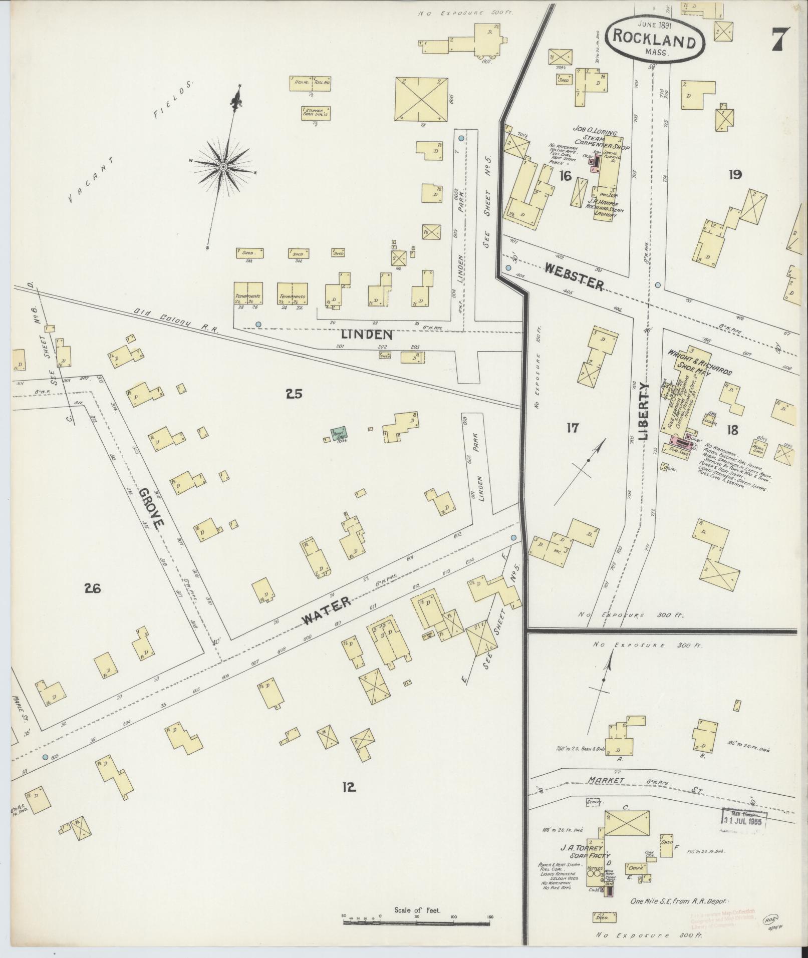 Sanborn Fire Insurance Map from Rockland, Plymouth County, Massachusetts (1891), Sheet #0007 - Historic Sanborn Fire Insurance Map Print, vintage old map wall art, antique decor, genealogy gift, Massachusetts Massachusetts map