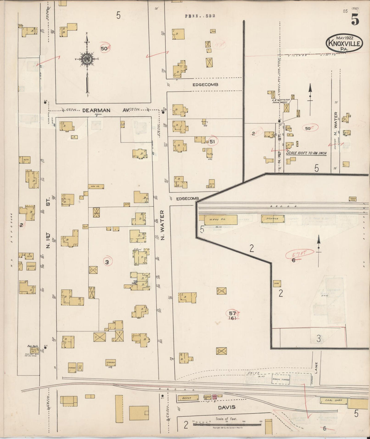 Sanborn Fire Insurance Map from Knoxville, Tioga County, Pennsylvania (1934), Sheet #0005 - Historic Sanborn Fire Insurance Map Print, vintage old map wall art, antique decor, genealogy gift, Pennsylvania Pennsylvania map