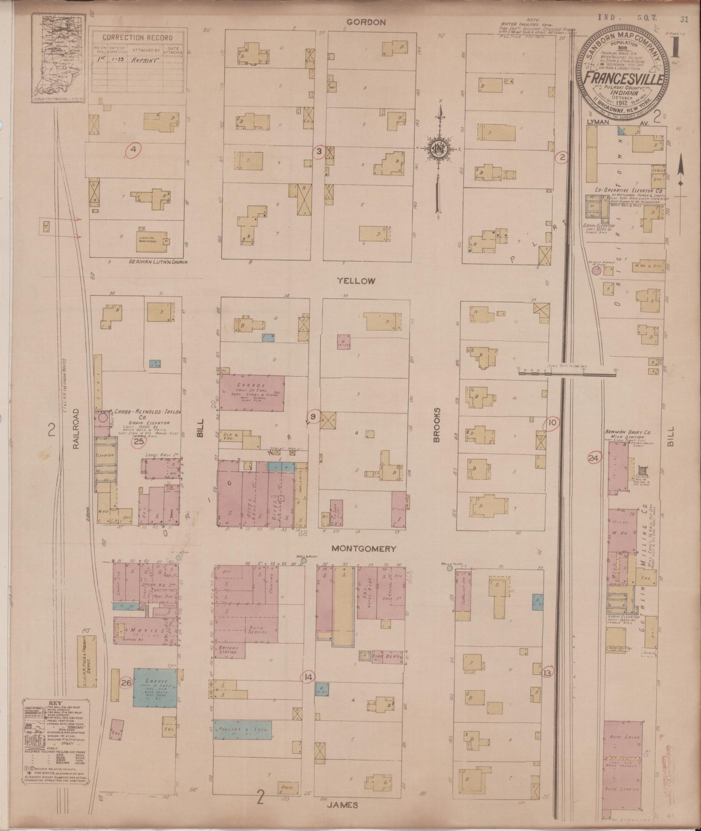 Sanborn Fire Insurance Map from Francesville, Pulaski County, Indiana (1933), Sheet #0001 - Historic Sanborn Fire Insurance Map Print, vintage old map wall art, antique decor, genealogy gift, Indiana Indiana map