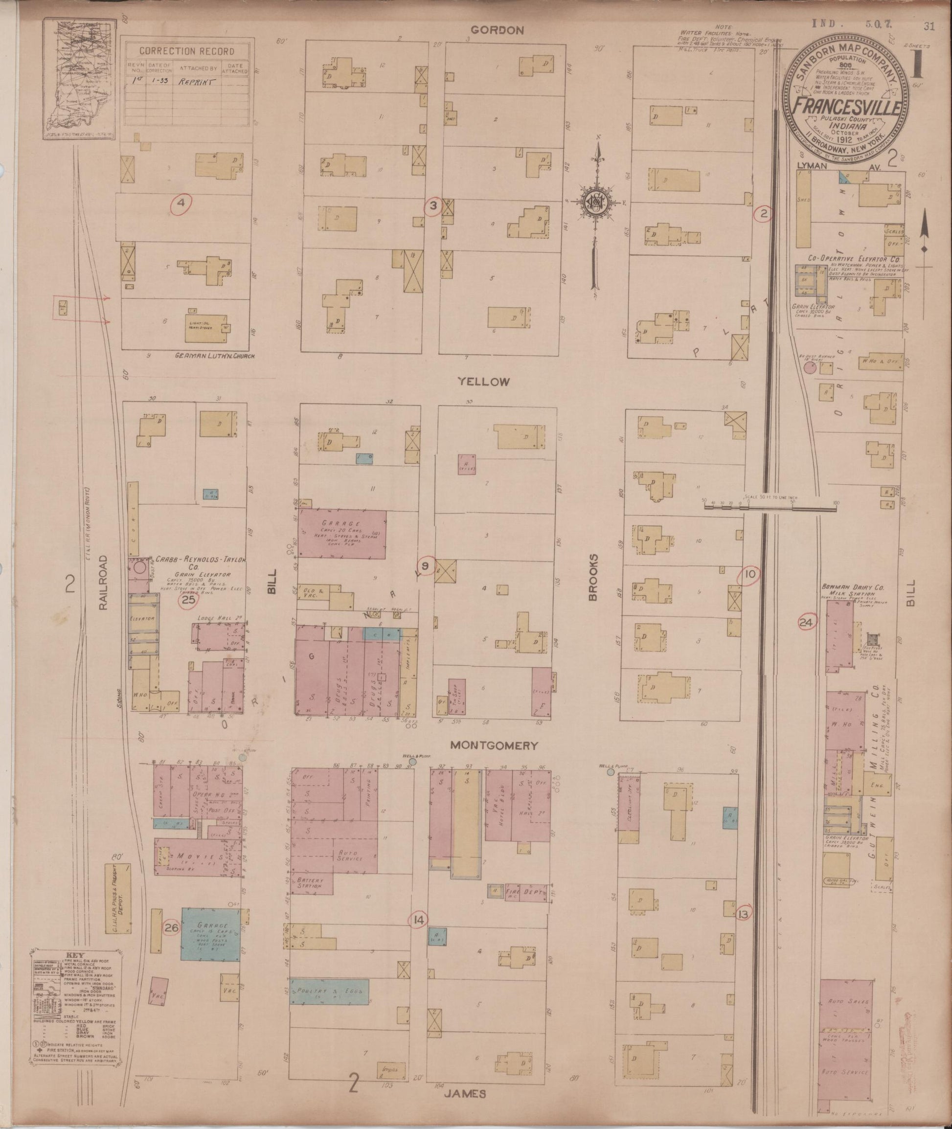 Sanborn Fire Insurance Map from Francesville, Pulaski County, Indiana (1933), Sheet #0001 - Historic Sanborn Fire Insurance Map Print, vintage old map wall art, antique decor, genealogy gift, Indiana Indiana map