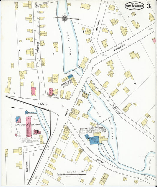Sanborn Fire Insurance Map from North Bennington, Bennington County, Vermont (1921), Sheet #0003 - Historic Sanborn Fire Insurance Map Print, vintage old map wall art, antique decor, genealogy gift, Vermont Vermont map